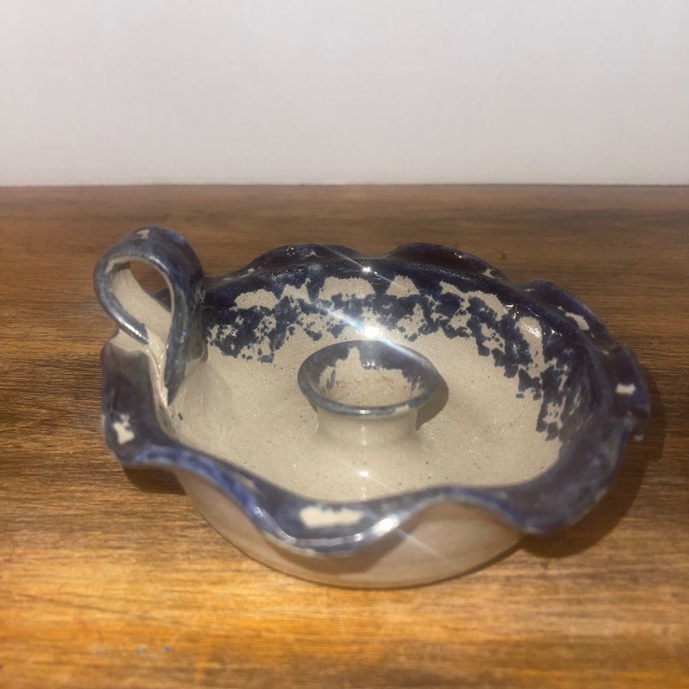 Ellis Pottery Pinehurst NC Salt Glazed Stoneware Candle Holder Finger Loop